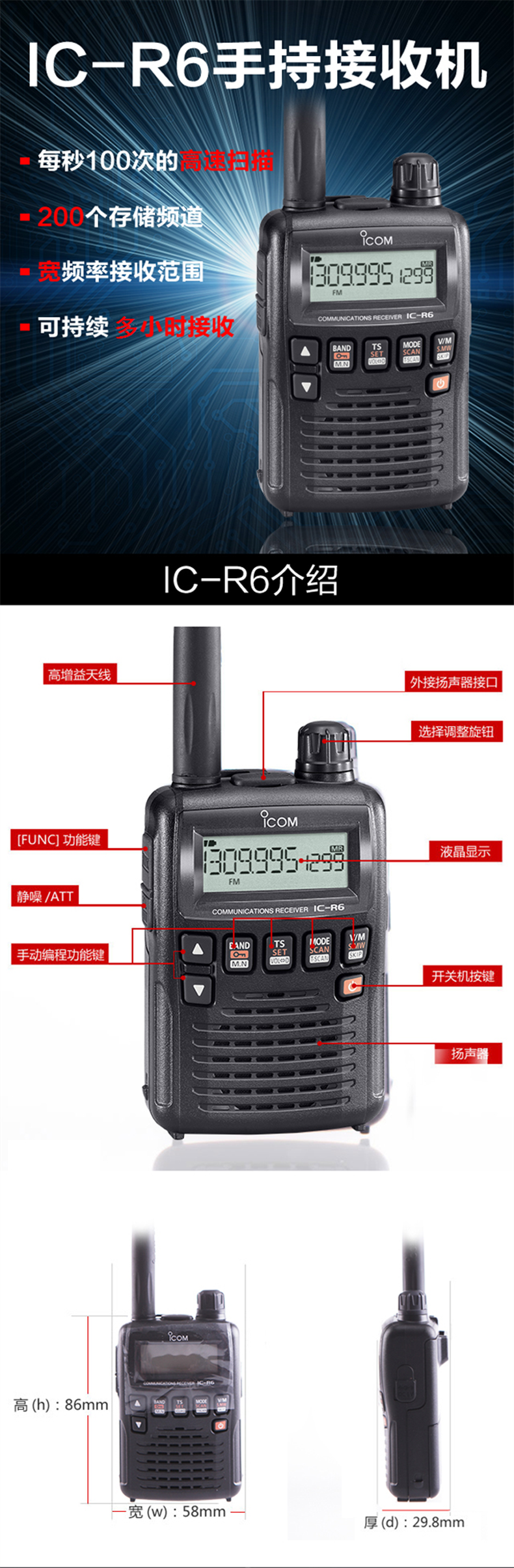 ICOM艾可慕 IC-R6对讲机